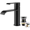 FORIOUS Rubinetto Bagno Lavabo Nero con Piletta, Miscelatore Monocomando, Rubinetto a Cascata con Altezza Beccuccio 98MM, Design Moderno