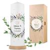 GRAVURZEILE Candela stampata, motivo floreale, personalizzabile, con nome, data e testo desiderato, regalo per matrimonio alla coppia di sposi, 8 cm x 25 cm (diametro x altezza) bianco