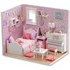 Ausla Casa delle Bambole in Legno Fai da Te, Kit Miniature con Mobili e Luci LED, Camera da Letto Rosa, Regalo Creativo per Bambini e Adulti