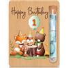 MOAZIFI Regalo di denaro per il primo compleanno, in legno, 13 x 10 cm, biglietto con provetta e scatola, motivo animale, regalo divertente per 1° anno, biglietto di auguri in legno per nipote, nipote