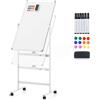 GIANTEX Lavagna bianca mobile, doppia faccia - 60 x 90 cm - Regolabile in altezza - Con ruote e supporto - Con portapenne e accessori - Cancellabile a secco - Bianca