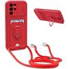 YFSYLL Cover Compatibile con Samsung Galaxy S22 Ultra 5G con Cordino,Custodia con Cordino Silicone Cover,Protezione Fotocamera,360°Anello Supporto,Porta Carte,Rosso
