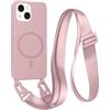 FMPCUON FNPCUON Cover Magnetica con Cordino per iPhone 13 Mini Compatibile con MagSafe,Ricarica Wireless, Placcatura Disegno Custodia con Collana Laccio Tracolla Regolabile Case.Rosa