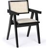 Menzzo Sedia HIRO con braccioli e canna in rattan - Legno scuro e tessuto beige - Sedia design contemporaneo per sala da pranzo o ufficio