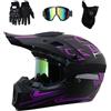 FASXZVM Integrale MTB Casco da Motocross, con Occhiali Guanti Maschera, Gioventù Ragazzo Fuori Strada ATV Scooter Moto Casco, Discesa Quad Dirt Bike Enduro Schianto Cascos(Black Purple,M/56-57CM)