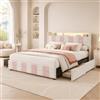 BRILVERDE Letto imbottito 140x190 con Contenitore, 4 cassetti, Letto matrimoniale con USB e LED, Struttura letto con rete a doghe e testiera, Velluto (bianco con rosa, 140 x 190 cm)