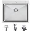 KEOKBON Lavello da cucina in acciaio inox 304 fatto a mano - 60 x 50 x 19 cm - con scolapiatti - 1 vasca - argento spazzolato satinato