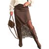 Generisch Gonne maxi da donna in raso con pizzo e patchwork, a vita alta, linea ad A, stile Y2k, eleganti gonne lunghe da donna, marrone, M