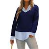 Oyamiki Maglia a maniche lunghe da donna in cotone con colletto camicia, blocco di colore, scollo a V, casual, elegante, per autunno e inverno, Strisce blu navy, L