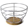 BAKAJI Cestino Portafrutta Fruttiera Centro Tavola Porta Frutta in Metallo con Base in Legno di Pino Portafrutta A Forma Rotonda 26 x 15 cm
