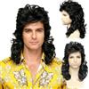 FOUNSHO Nero Parrucca Mullet per Uomo Donna, Anni '80 Anni '70 Costume Hippie Cosplay Mullet, Lunghi Riccia di Parrucca Anni '90 Punk Rocker Parrucche per Costume Halloween Feste Cosplay (Nero)