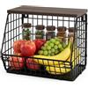 Yitobici Cesto per frutta, da appendere, per cucina, per verdure in metallo, da cucina, impilabile, con coperchio in legno e viti, per snack e frutta, colore: nero