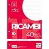 Pigna, Confezione da 40 Ricambi con 4 fori per archiviazione, Fogli f..to A4, 21x29,7, fogli con buchi senza rinforzo, 1R, righe