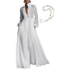 Generic Maxi abito da donna minimalista in cotone e lino patchwork monopetto colletto alla coreana a maniche lunghe, tinta unita casual camicia abito, bianco, M