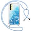 Vauki Cover per Samsung Galaxy A25 con Cordino, Trasparente Glitter Liquido Antiurto Brillantini Tracolla Custodia, Silicone Bumper Laccio Sabbie Donna Protettivo Case per Samsung A25, Blu