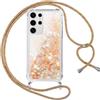 Vauki Cover per Samsung Galaxy S25 Ultra 5G con Cordino, Trasparente Glitter Liquido Antiurto Tracolla Custodia, Antiurto Antigraffio Silicone Bumper Laccio Protettivo Case per Samsung S25 Ultra, Oro