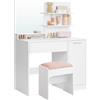 VASAGLE KAILYN Collezione - Toeletta, Tavolo da Trucco con Specchio Grande e Sgabello, Scomparto con 2 Ripiani Regolabili, 1 Cassetto, 2 Mensole, Postazione Trucco Moderna, Bianco RDT719W01
