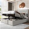 Idemon letto imbottito in cotone e lino, con leva idraulica, con scomparti per la conservazione, decorazione con rivetti, senza materasso, grigio (140 x 200 cm)