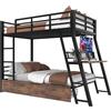 Azkoeesy Letto a Castello matrimoniale 90 x 200 cm con Scrivania, 2 Grandi Cassetto con Ruote, Striscia LED RGB per Gaming, per 2 Adulti e Ragazzi, Struttura in metallo robusta, Nero