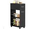 HOMCOM Carrello da Cucina con 2 Ripiani Aperti, Cassetto, Parapetti e Ruote a Freno, Carrello Cucina Salvaspazio Portaoggetti in Truciolato e Acciaio Inox, per Bagno, Soggiorno, 25x50x85 cm, Nero