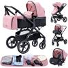 YAZOCO Passeggino 3 in 1 Carrozzina Multifunzionale Carrozzina Ovetto Pieghevole Set Passeggino Neonato Sedili Parapiedi Zanzariere Vista Dall'Alto (1 Rosa)