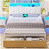 Brinlawb Struttura Letto 140x200 cm con Testiera Imbottita, Letto 140x200 cm con Luce LED e Stazione di Ricarica (2 Prese CA, 2 Prese USB) Letto Matrimoniale con 2 Grandi Cassetti al Fondo, Bianco