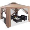COSTWAY Gazebo da Giardino con Zanzariera 3 x 3 m, Struttura in Acciaio e 4 Tendine Poliestere Laterali (Caffè)