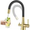 DAYONE Rubinetto Cucina 3 Vie, Rubinetto Cucina 3 in 1 Doppia Manopola, Tubo Flessibile Pieghevole Non Estraibile, Ugello Rimovibile, Acciaio SUS304, Oro Spazzolato