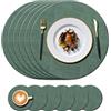 KERYCHIN Tovagliette rotonde in pelle e sottobicchieri lavabili, resistenti al calore 100°C, antiscivolo e impermeabili, accessori decorativi per ristorante, cucina, hotel, esterni, 12 pezzi, (verde)