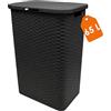 Spetebo Cesto portabiancheria in plastica antracite con coperchio effetto rattan, 65 litri, effetto intrecciato, con manici laterali, contenitore per la biancheria, salvaspazio, resistente all'umidità