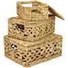 HMF Set di 3 Cestino portaoggetti con coperchio, Cestini intrecciato in giacinto d'acqua | piccolo, medio, grande