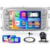 Hodozzy 4GB+64GB Android Autoradio per Ford Focus mk2 Mondeo C-max Galaxy S-max Carplay Android Auto Wireless, 7 Pollici Touch Screen Stereo 2 Din GPS Navigazione WiFi, Bluetooth DSP, FM/RDS Radio