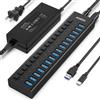 AGEEN Hub USB 3.0 con alimentazione, 16 porte USB C Hub Splitter, 16 USB-A 3.2 10Gbps con interruttori individuali, 12V 8A 96W Adattatore di alimentazione certificato UL per laptop