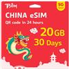 TSIM Cina eSIM 30 Giorni | 20GB Alta Velocità | Attivazione Automatica | Condivisione Hotspot Permessa | Codice QR eSIM via email in 24 ore | Scansiona e usa subito | Solo Dati, No Voce