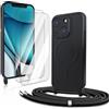 CaseLover Cover Magnetica compatibile iPhone 13/iPhone 14 con Cordino, Nero | Custodia con Laccio Collana Regolabile, Morbida Silicone Case, con 2 Pellicole Vetro Temperato, Antiurto Protettiva Cover