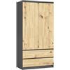 BDW armadio 2 ante, 4 ripiani, appendiabiti, 2 cassetti, appendiabiti, armadio a cassetti, armadio per camere da letto, soggiorni, 180x90x51cm, (Grigio/Rovere Artisan)