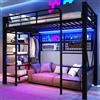 Wyibwy Letto a soppalco 90 x 200 cm, con vano portaoggetti, rete per appendere gli oggetti, asta appendiabiti, striscia luminosa a LED, struttura in ferro, letto per ragazzi, senza materasso, Nero