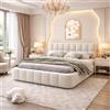 FEEOHOME Letto imbottito 160 x 200 cm, letto matrimoniale con testiera e rete a doghe, Letti tatami matrimoniale imbottito adatto ad adulti e adolescenti, senza materasso, beige lino