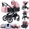 YAZOCO Passeggino Trio 3 in 1 Carrozzina Ovetto Pieghevole Set Viaggi Passeggino Neonato Sedili Parapiedi Zanzariere Carrozzina Multifunzionale (1 Rosa)