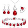 Clearine Gioielli Set per Donne Argento Placcato Rosso Goccia Zirconia cubica Collana Anello Aperto Regolabile Orecchini Bracciale Set per Matrimonio/Anniversario/Festa della Mamma