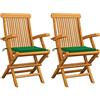 Mokuyary Set di 2 sedie da giardino e cuscini verdi in teak massello, sedia da terrazza per esterni, giardino, piscina, balcone, sala da pranzo -A