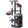 Feandrea Albero per Gatti a Più Livelli, 2 Grotte Ampie, Alto 150 cm | Tiragraffi, un'Amaca, 3 Colonne Graffiatoio, 3 Piattaforme, Grigio Scuro e Grigio Tortora, COLLEZIONE 线下B2B PCT007G02