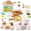 VBACALA Accessori da Cucina in legno per Bambini,46 Pezzi Cucina Giocattolo Legno con Pentole,Stoviglie,Cibi Tagliabili,Borsa Portaoggetti,Regalo Gioco di Ruolo Cucina per Bambini 3+Ragazzi e Bambine