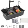 QXSXKJ Nero Lavandino Cucina 1 Vasca Multifunzione Kitchen Sink Moderno Acciaio Inox Lavello Cucina Cascata, con Componente Di Drenaggio,Tagliere, Lavatazze, Dispenser di Sapone, Istruzioni (68x45x22cm)