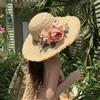NONE Cappello di paglia in rafia con decorazione floreale rosa per donna, cappello estivo a tesa larga, atmosfera balneare, elegante cappello da sposa