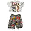 BiggOrange Pantaloncini corti Y2k in denim patchwork blu retrò uomo donna hip hop streetwear grafica cartoon pantaloncini casual fitness in denim mimetico allentato