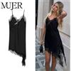 MUJER 2025 Abito sottoveste in pizzo Donna Abiti corti senza schienale neri per le donne Abito estivo asimmetrico da donna Abiti sexy in raso