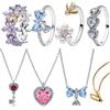 NONE Collana con Pendente a Cuore Rosso, Fiore Viola, Catena e Anelli a Ghirlanda con Perle e Gemme Blu in Argento 925, Regalo Elegante per Coppie