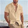 NONE Camicia da uomo in misto lino a maniche corte con bottoni, casual, da spiaggia, con tasca sul petto, traspirante, leggera, estiva.