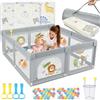 SOFTHOM Box Bambini 120x120 con Tappeto, Box per Bambini 360° Rete Traspirante, Tessuto Oxford, Base antiscivolo, Porta con Cerniera (Leone Grigio, 120x120x66cm)